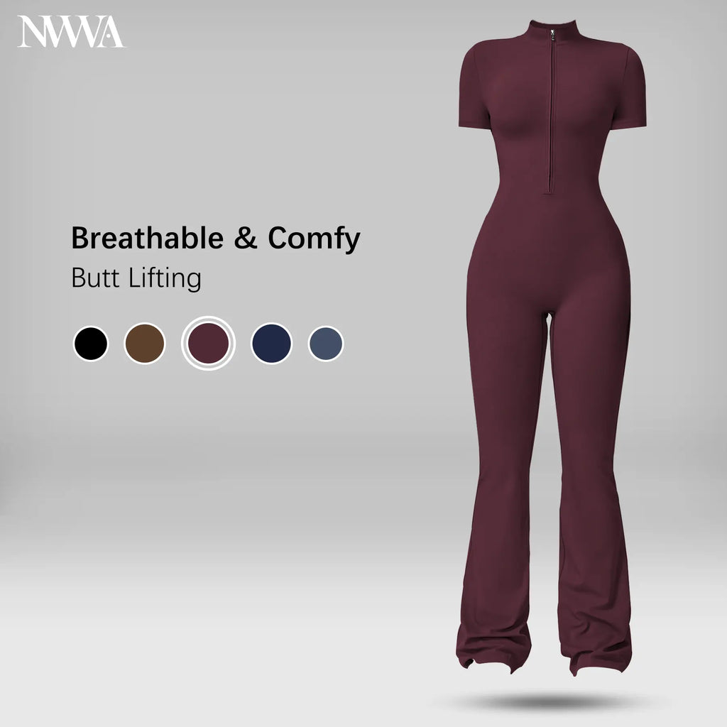 Women'S Summervibes Zip-Front Short-Sleeve Bodysuit, Nylon Blend, Breathable Skin-Friendly Slim-Fit Butt-Lifting Camisole, Ideal for Yoga and Pilates, Bodysuit for Women, Women'S Clothes, Gym Clothes Women Outdoor Fun,Summerwins