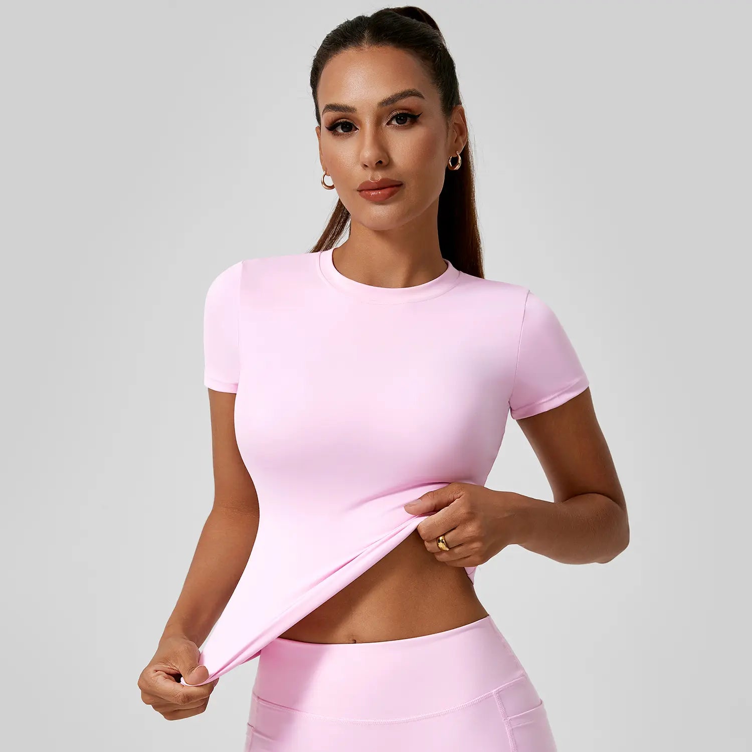 Timeoff 5-Piece Solid Sports Tee Set round Neck Slim Stretchy Ideal for Yoga Gym Workouts Women'S Athletic Wear Sporty Style Clothes Gym Shirts Workout Tops Oversized Gym Shirts Fitness Outfit,Summerwins