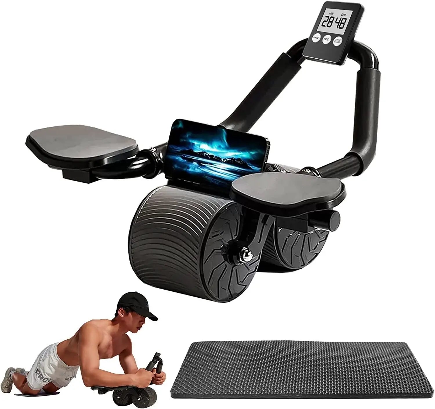 Ab Roller Wheel Workout Abdominal Fitness Wheel for Core Muscles Training Automatic Rebound Ab Roller with Timer