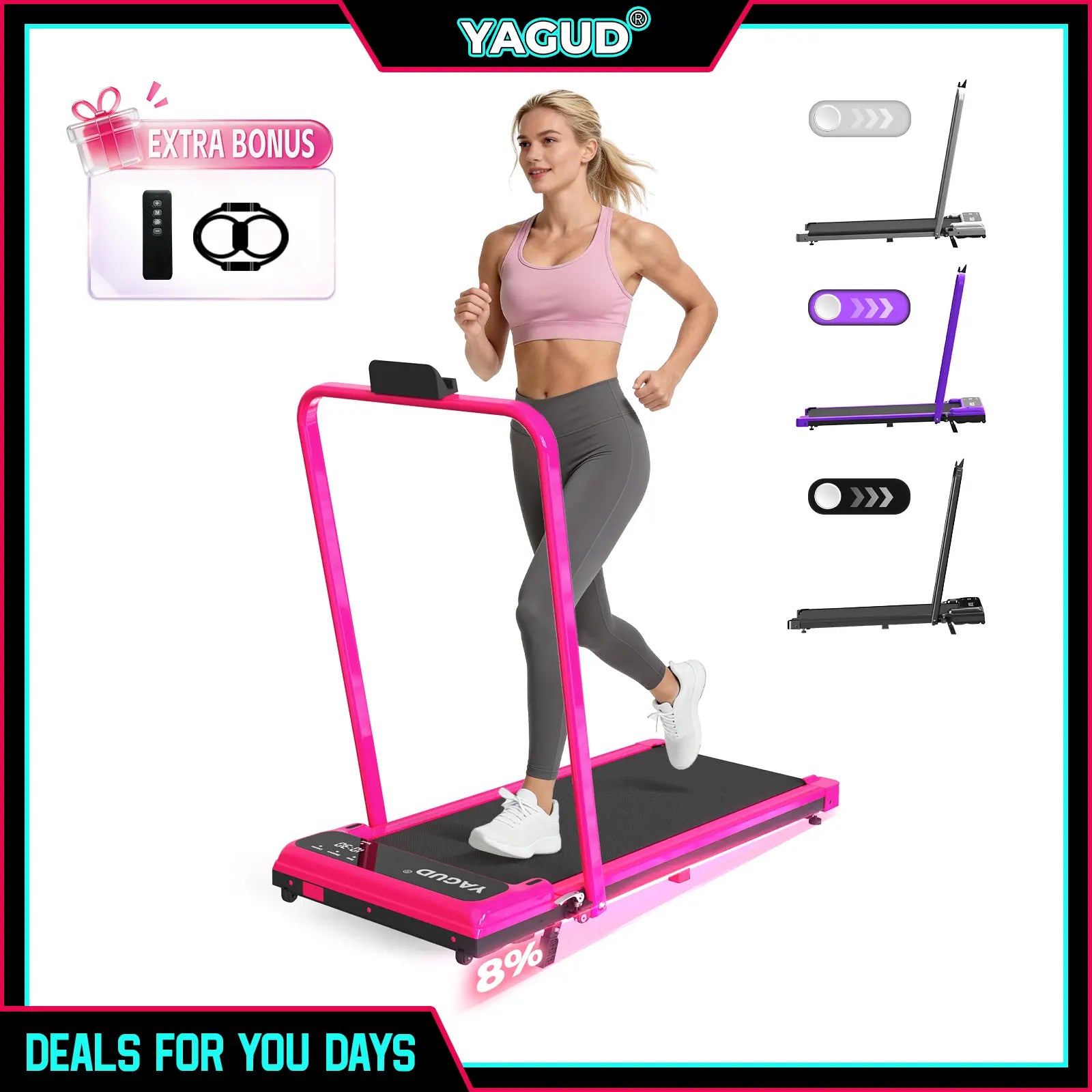 【DEALSFORYOUDAYS】 YAGUD Foldable Adjustable Incline Treadmill, Low Noise Motor Walking Pad, 265Lbs Weight Capacity, Remote Control & Wheels for Easy Mobility, Dual Shock Absorption System Home Gym Equipment, Home Workout Equipment