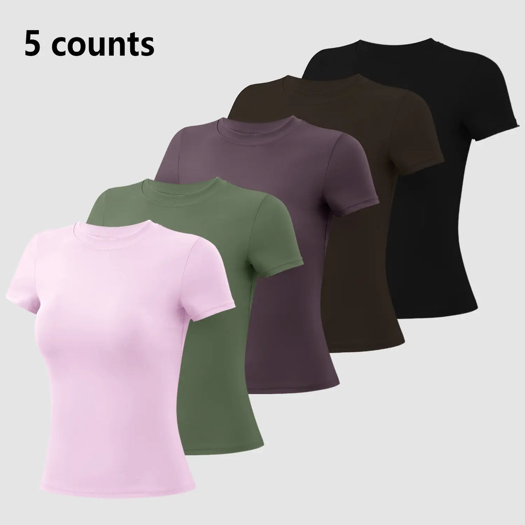Timeoff 5-Piece Solid Sports Tee Set round Neck Slim Stretchy Ideal for Yoga Gym Workouts Women'S Athletic Wear Sporty Style Clothes Gym Shirts Workout Tops Oversized Gym Shirts Fitness Outfit,Summerwins