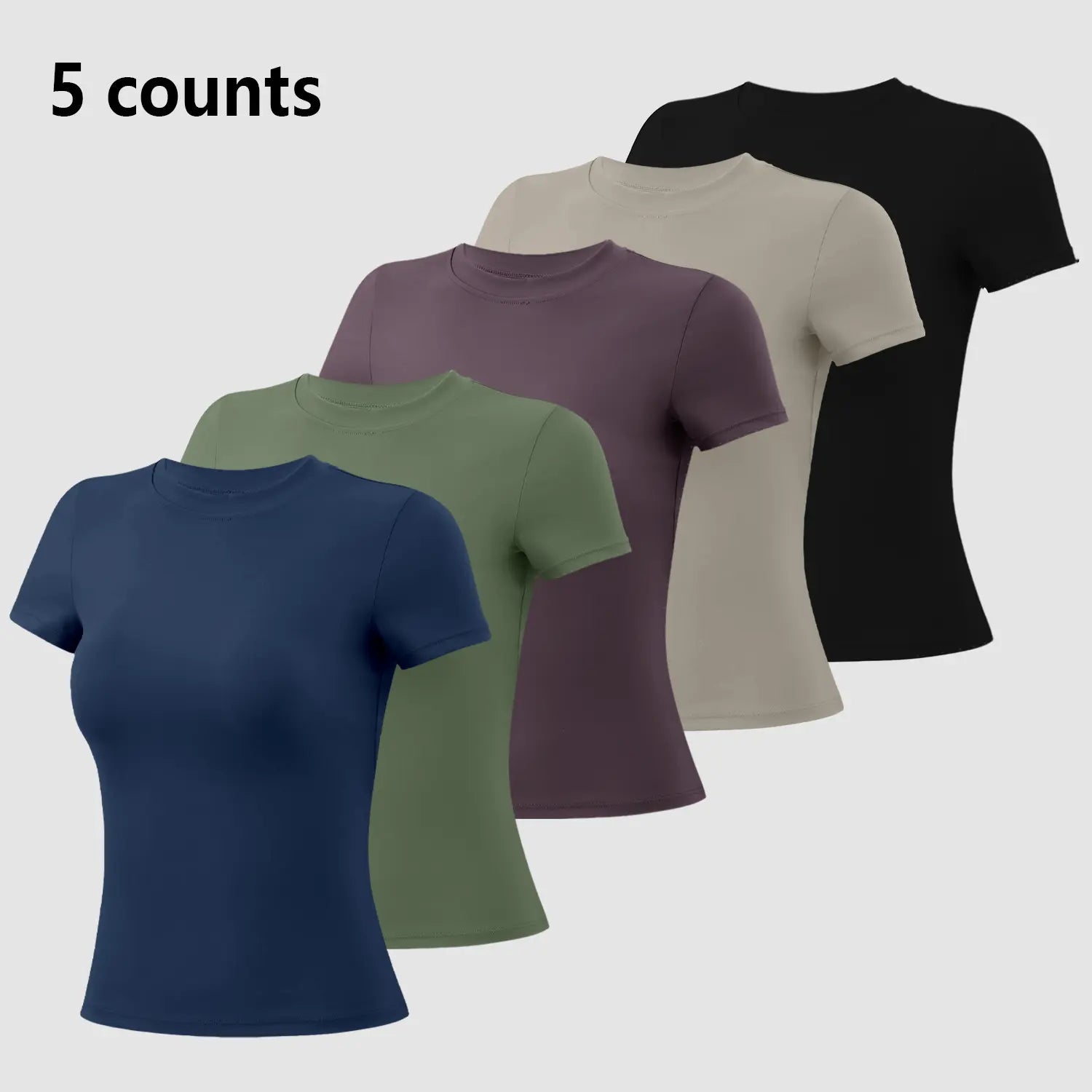 Timeoff 5-Piece Solid Sports Tee Set round Neck Slim Stretchy Ideal for Yoga Gym Workouts Women'S Athletic Wear Sporty Style Clothes Gym Shirts Workout Tops Oversized Gym Shirts Fitness Outfit,Summerwins