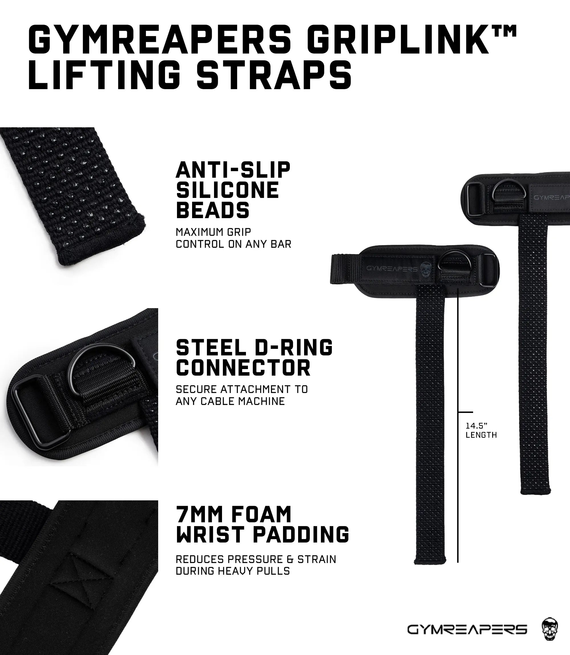 Gymreapers Griplink Lifting Straps with Cushioned Wrist Cuff 14.5" Cotton Strap Anti-Slip Silicone Beads 5Mm Steel D-Ring for Free-Weight & Cable Training