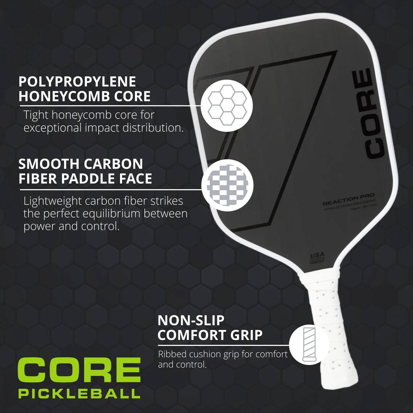 CORE Reaction Pro Pickleball Paddle | T700 Carbon Fiber Surface | MX-1000 (16Mm)