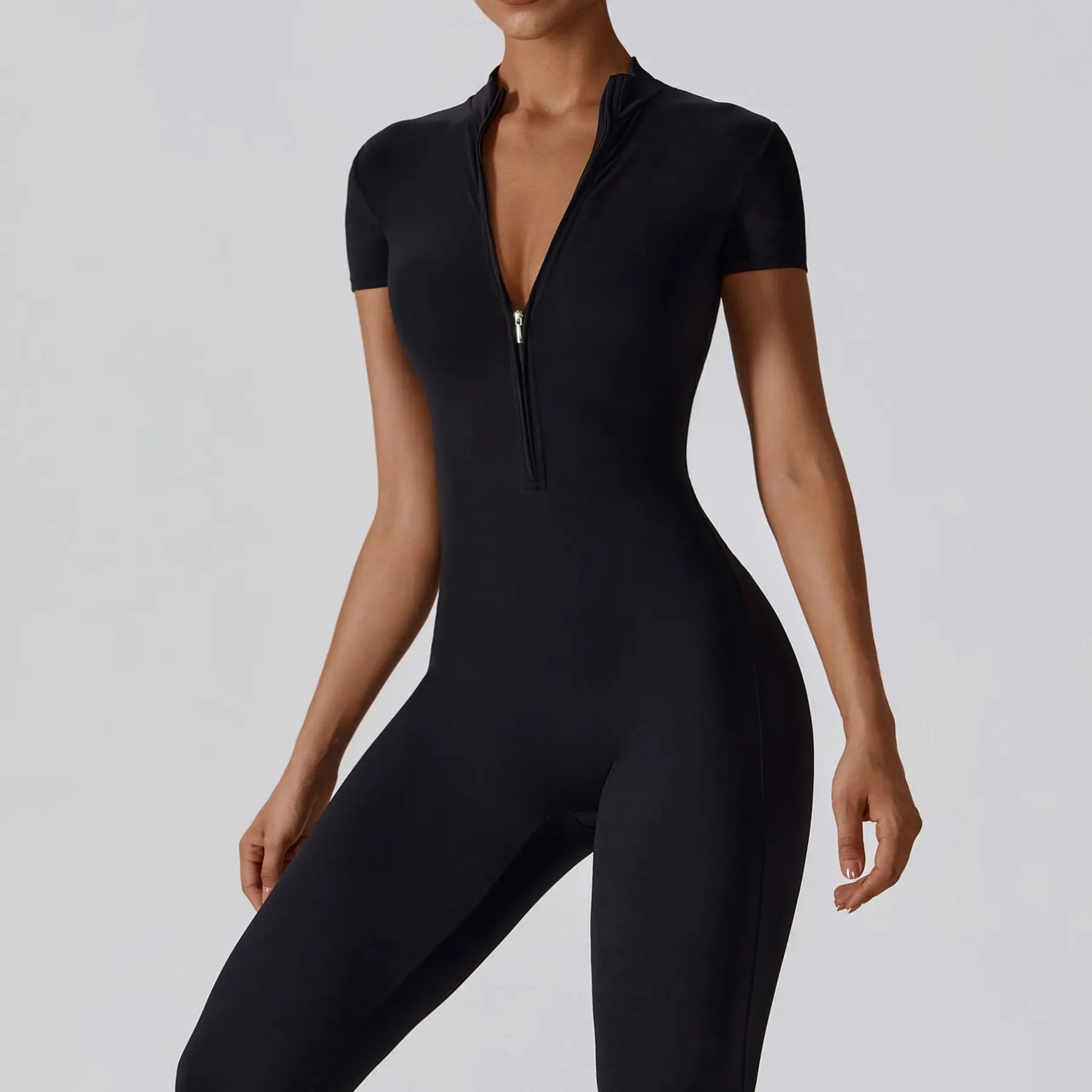 Women'S Summervibes Zip-Front Short-Sleeve Bodysuit, Nylon Blend, Breathable Skin-Friendly Slim-Fit Butt-Lifting Camisole, Ideal for Yoga and Pilates, Bodysuit for Women, Women'S Clothes, Gym Clothes Women Outdoor Fun,Summerwins