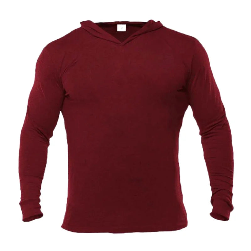 Plain Mens Hooded Running T-shirts Autumn Cotton Fitness Long Sleeve Hoodies Breathable Workout Gym Clothing Sports Muscle Shirt