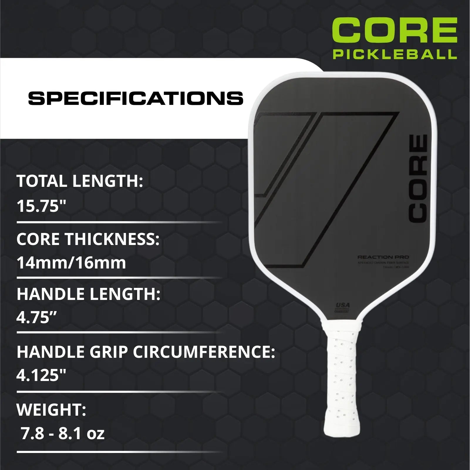 CORE Reaction Pro Pickleball Paddle | T700 Carbon Fiber Surface | MX-1000 (16Mm)